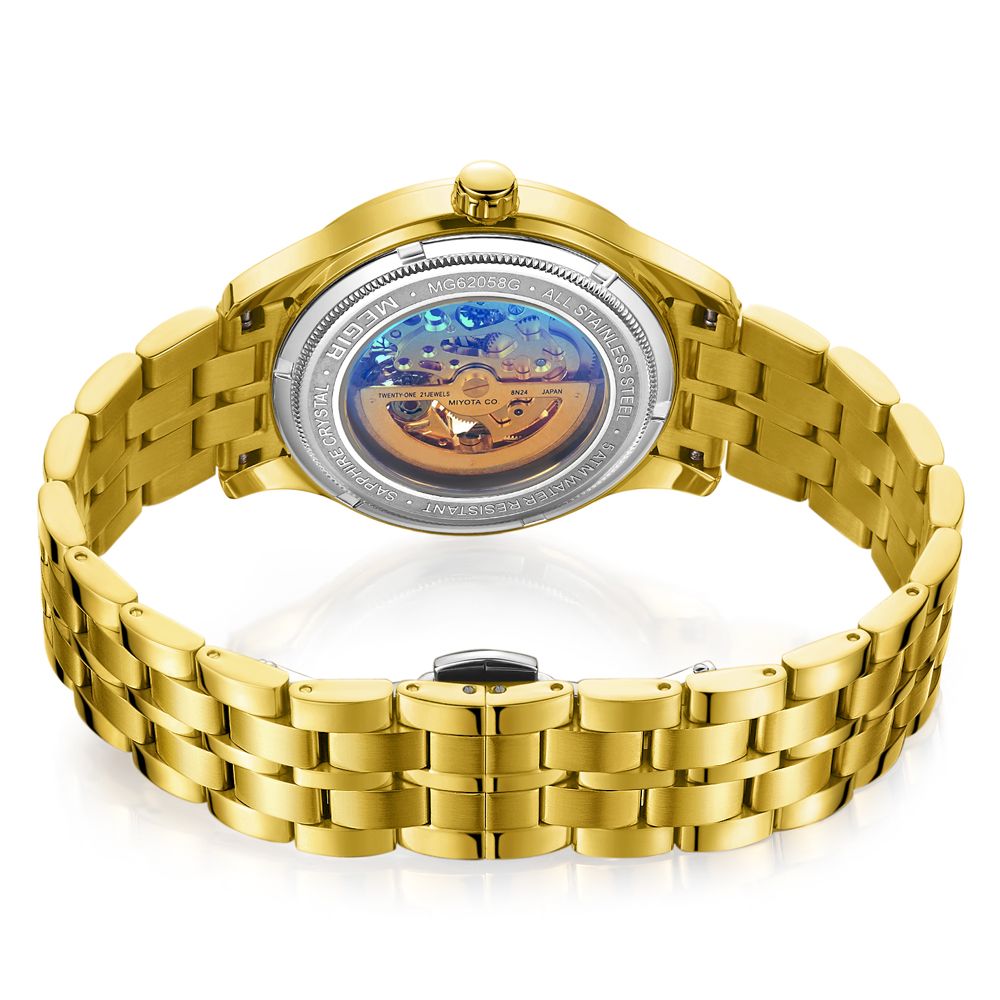 MEGIR 62058 men's skeleton automatic watch exhibition caseback and gold-tone bracelet, rear three-quarter view