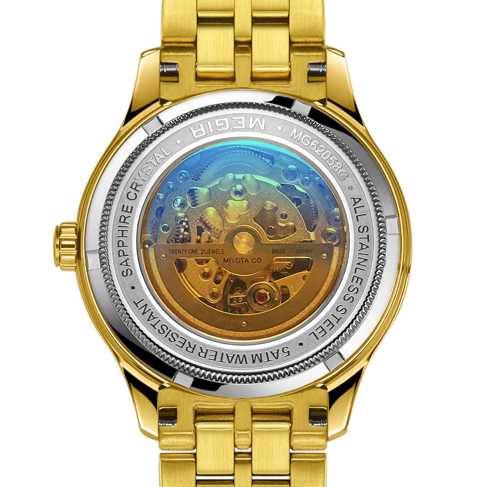 MEGIR 62058 men's skeleton automatic watch exhibition caseback showing the movement, gold-tone bracelet
