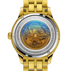 MEGIR 62058 men's skeleton automatic watch exhibition caseback showing the movement, gold-tone bracelet