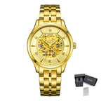 MEGIR 62058 men's skeleton automatic watch, gold-tone case and bracelet with exposed gold movement dial, with gift box