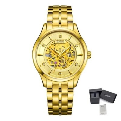 MEGIR 62058 men's skeleton automatic watch, gold-tone case and bracelet with exposed gold movement dial, with gift box
