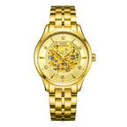 MEGIR 62058 men's skeleton automatic watch, gold-tone case and bracelet with exposed gold movement dial, front view