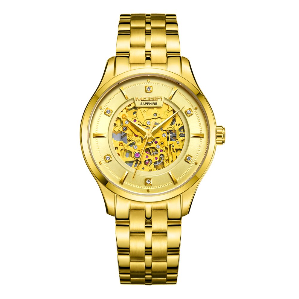 MEGIR 62058 men's skeleton automatic watch, gold-tone case and bracelet with exposed gold movement dial, front view