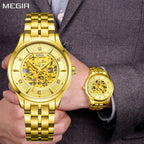 MEGIR 62058 skeleton automatic watch on the wrist, gold-tone case and bracelet with exposed gold movement dial