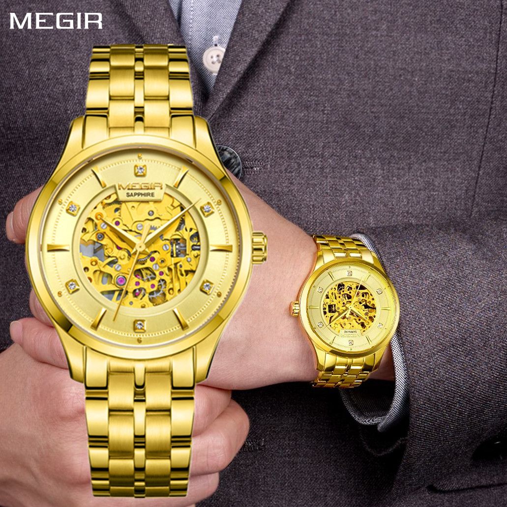 MEGIR 62058 skeleton automatic watch on the wrist, gold-tone case and bracelet with exposed gold movement dial