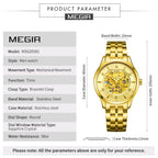 MEGIR 62058 men's skeleton automatic watch parameters graphic with case diameter, thickness and band dimensions
