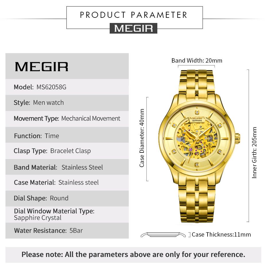 MEGIR 62058 men's skeleton automatic watch parameters graphic with case diameter, thickness and band dimensions