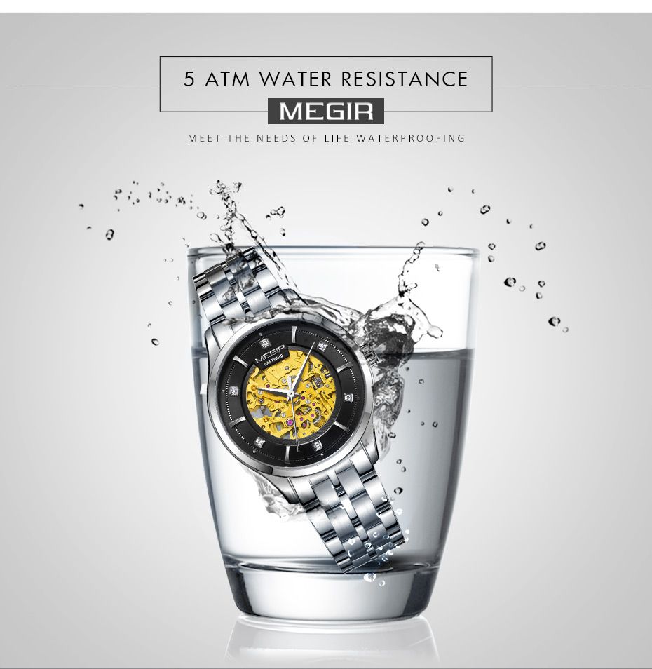 MEGIR 62058 men's skeleton automatic watch water-resistance feature graphic, silver case and bracelet