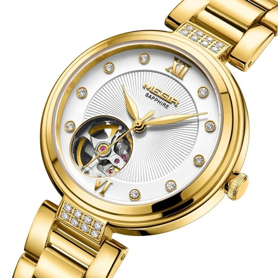MEGIR 62060 women's skeleton automatic watch, gold-tone bracelet and white open-heart dial, close angled view
