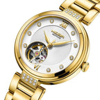 MEGIR 62060 women's skeleton automatic watch, gold-tone bracelet and white open-heart dial, close angled view