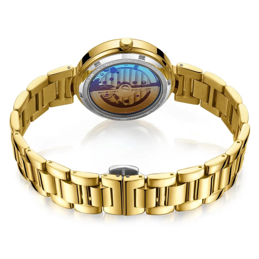 MEGIR 62060 women's skeleton automatic watch exhibition caseback showing the movement, with gold-tone bracelet