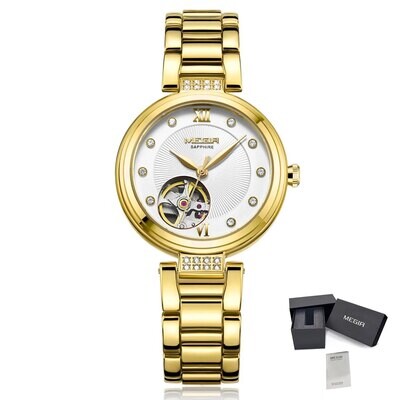 MEGIR 62060 women's skeleton automatic watch, gold-tone bracelet and white dial with open-heart, with gift box