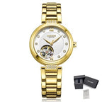 MEGIR 62060 women's skeleton automatic watch, gold-tone bracelet and white dial with open-heart, with gift box