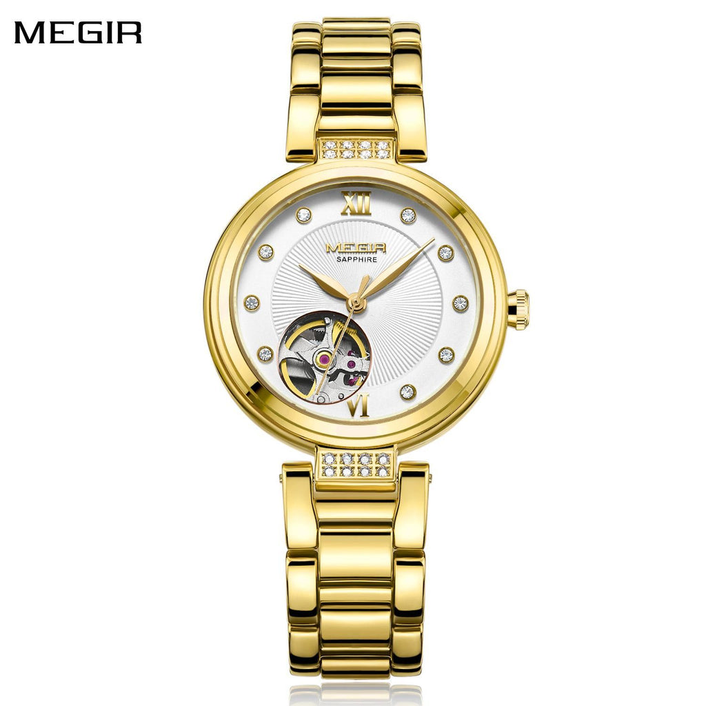 MEGIR 62060 women's skeleton automatic watch, gold-tone bracelet and white dial with open-heart and crystal markers