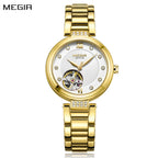 MEGIR 62060 women's skeleton automatic watch, gold-tone bracelet and white dial with open-heart and crystal markers