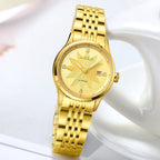 MEGIR 62061 women's automatic watch, gold-tone steel bracelet and gold floral-engraved dial, three-quarter view