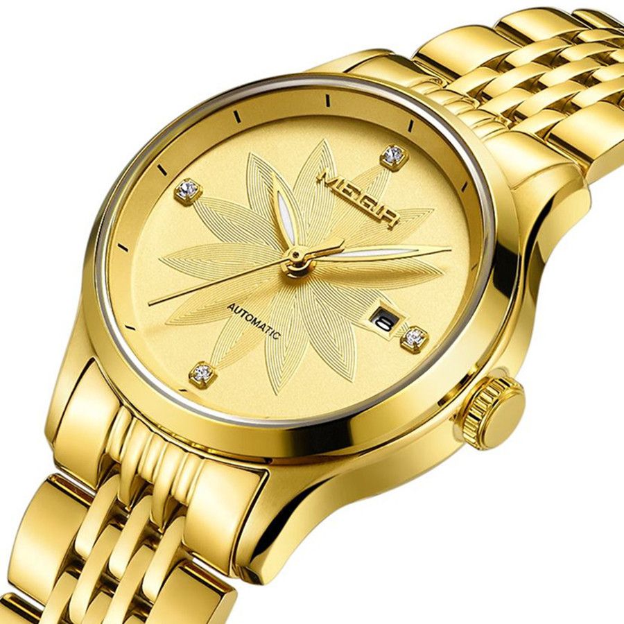 MEGIR 62061 women's automatic watch, gold-tone steel bracelet and gold floral-engraved dial with date, angled view