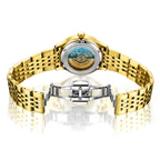 MEGIR 62061 women's automatic watch exhibition caseback showing the movement, with gold-tone bracelet and clasp