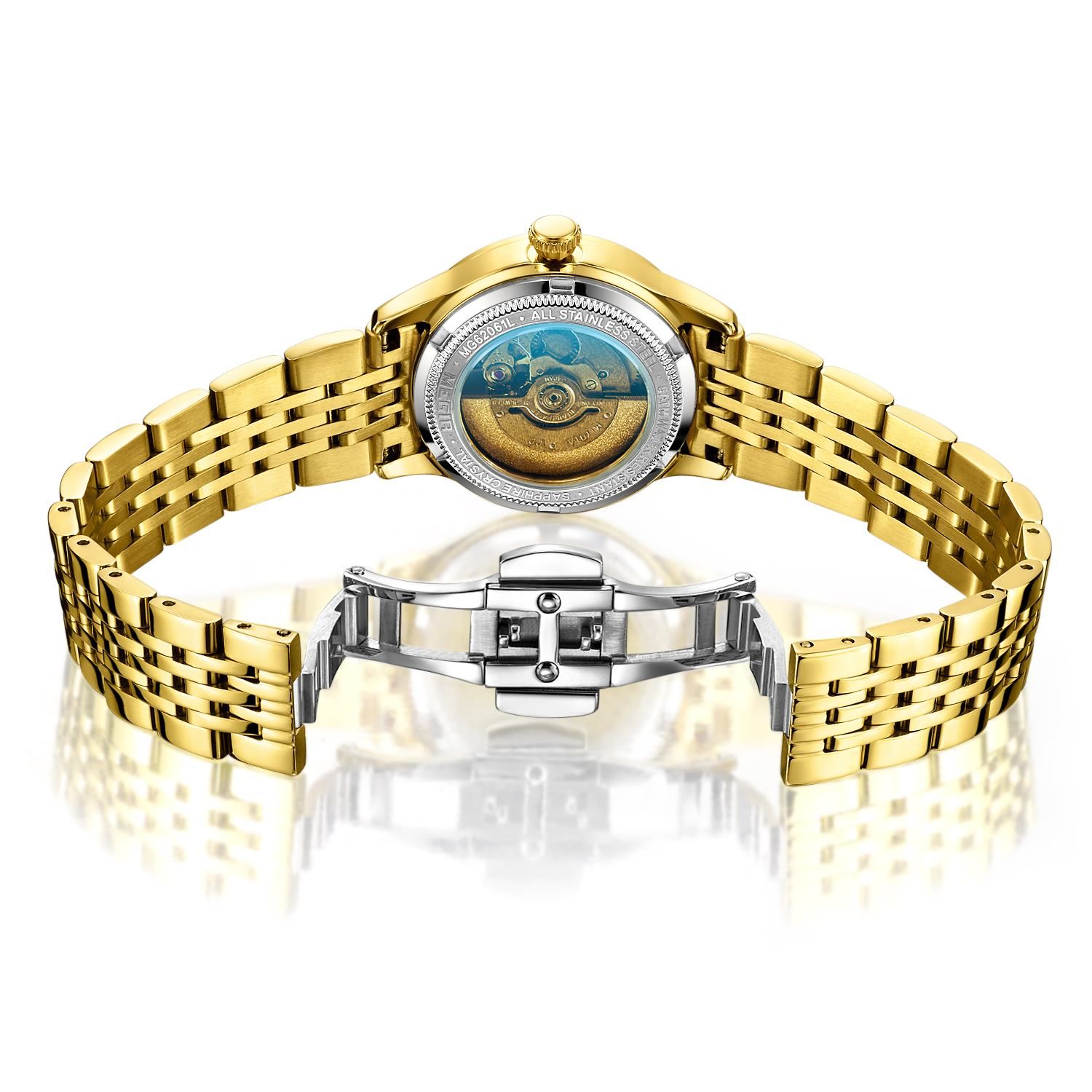 MEGIR 62061 women's automatic watch exhibition caseback showing the movement, with gold-tone bracelet and clasp