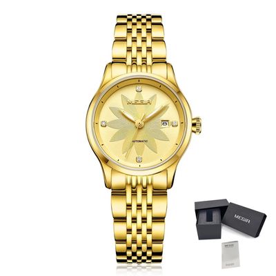 MEGIR 62061 women's automatic watch, gold-tone steel bracelet and gold floral-engraved dial with date, with gift box