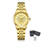 MEGIR 62061 women's automatic watch, gold-tone steel bracelet and gold floral-engraved dial with date, with gift box