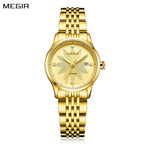 MEGIR 62061 women's automatic watch, gold-tone steel bracelet and gold floral-engraved dial with crystal markers