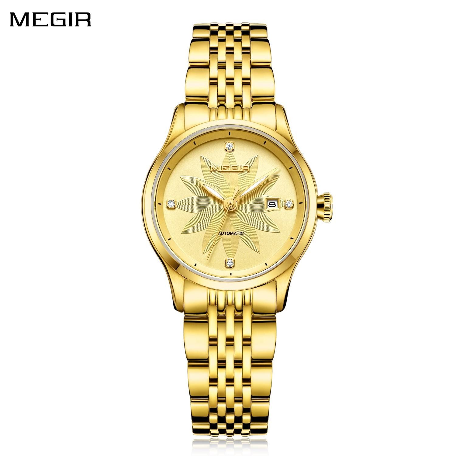 MEGIR 62061 women's automatic watch, gold-tone steel bracelet and gold floral-engraved dial with crystal markers