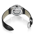 MEGIR 62063 men's automatic watch exhibition caseback showing the movement, with black leather strap and buckle