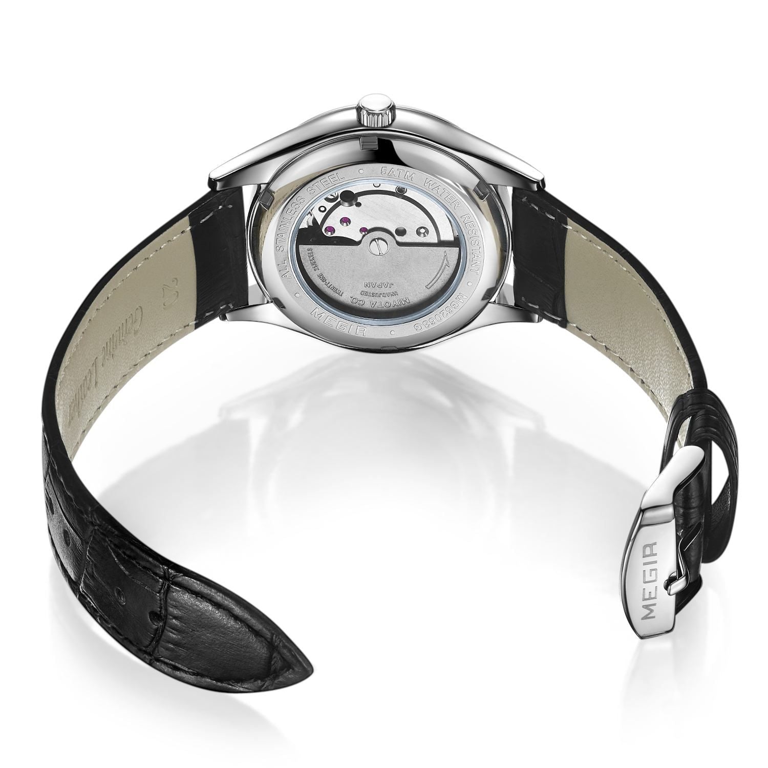 MEGIR 62063 men's automatic watch exhibition caseback showing the movement, with black leather strap and buckle