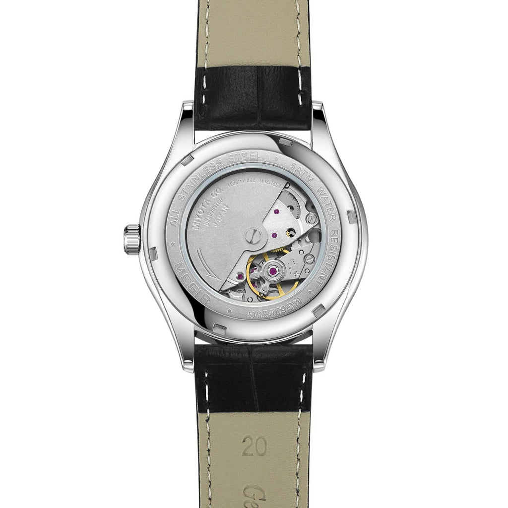 MEGIR 62063 men's automatic watch exhibition caseback close-up showing the mechanical movement through the window