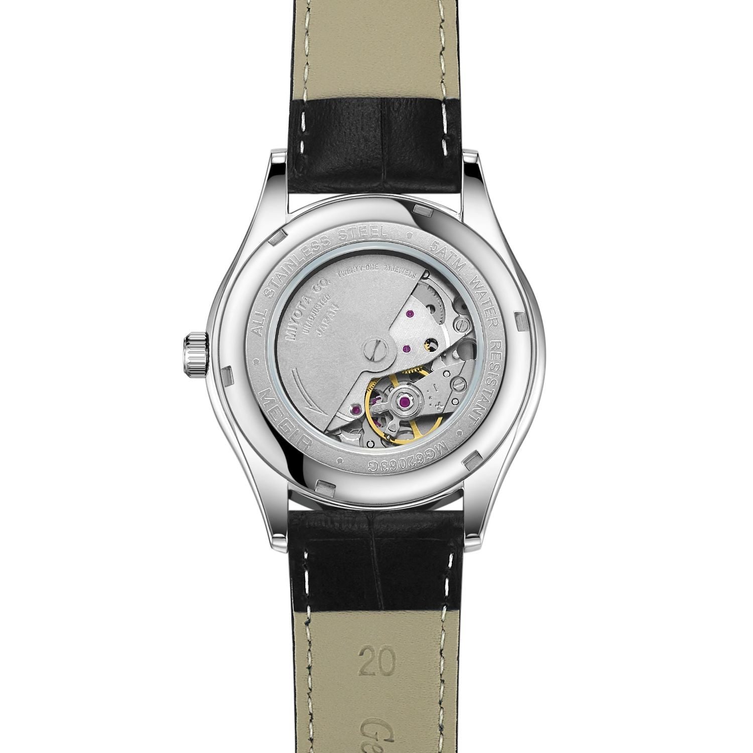 MEGIR 62063 men's automatic watch exhibition caseback close-up showing the mechanical movement through the window