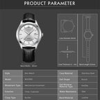 MEGIR 62063 men's automatic watch parameters graphic with case diameter, thickness and band dimensions