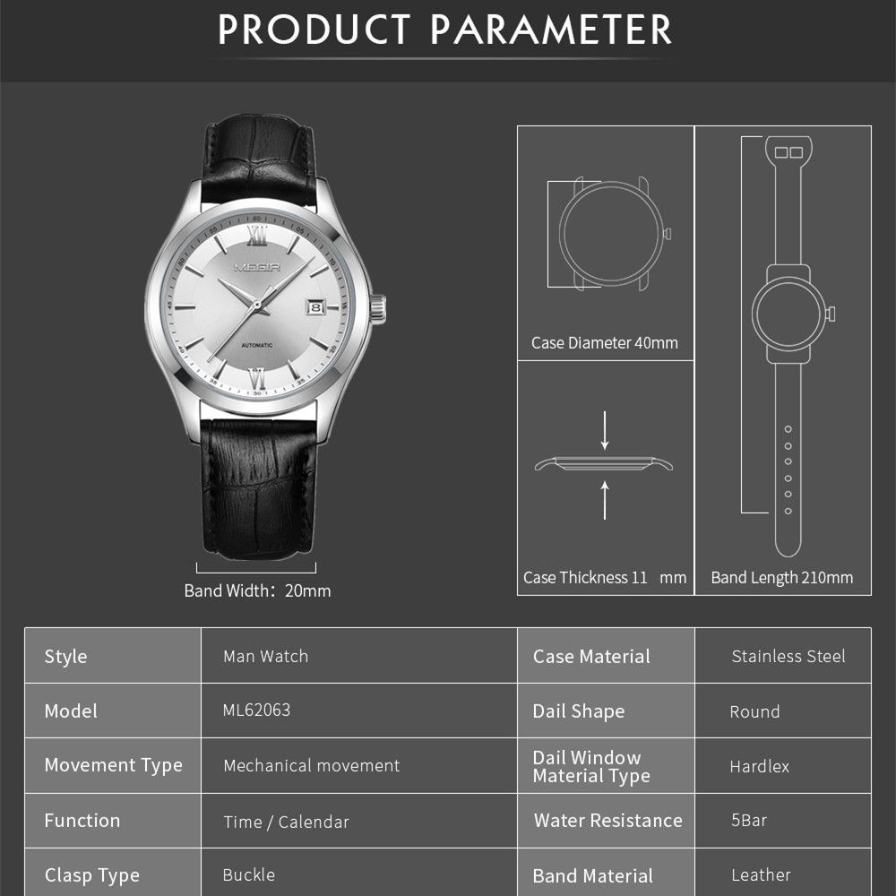 MEGIR 62063 men's automatic watch parameters graphic with case diameter, thickness and band dimensions