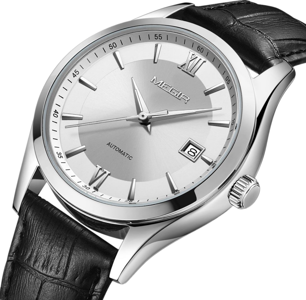 MEGIR 62063 men's automatic watch, silver case, silver-white dial with date and black leather strap, angled view