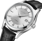 MEGIR 62063 men's automatic watch, silver case, silver-white dial with date and black leather strap, angled view