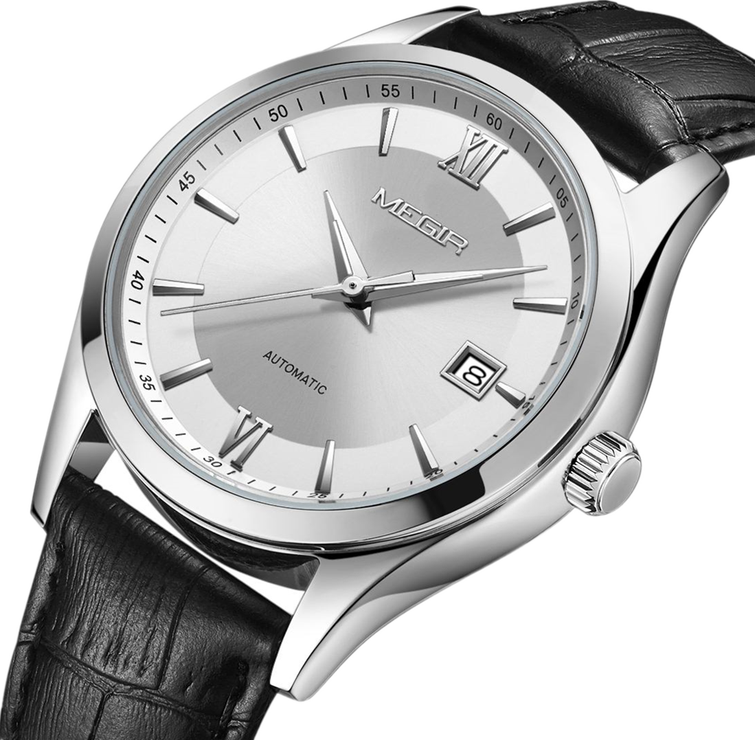 MEGIR 62063 men's automatic watch, silver case, silver-white dial with date and black leather strap, angled view