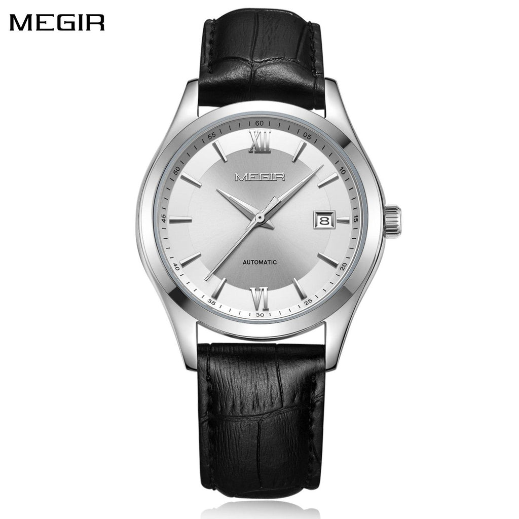 MEGIR 62063 men's automatic watch, silver case, silver-white dial with date and black leather strap, front view