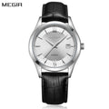 MEGIR 62063 men's automatic watch, silver case, silver-white dial with date and black leather strap, front view
