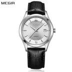 MEGIR 62063 men's automatic watch, silver case, silver-white dial with date and black leather strap, front view