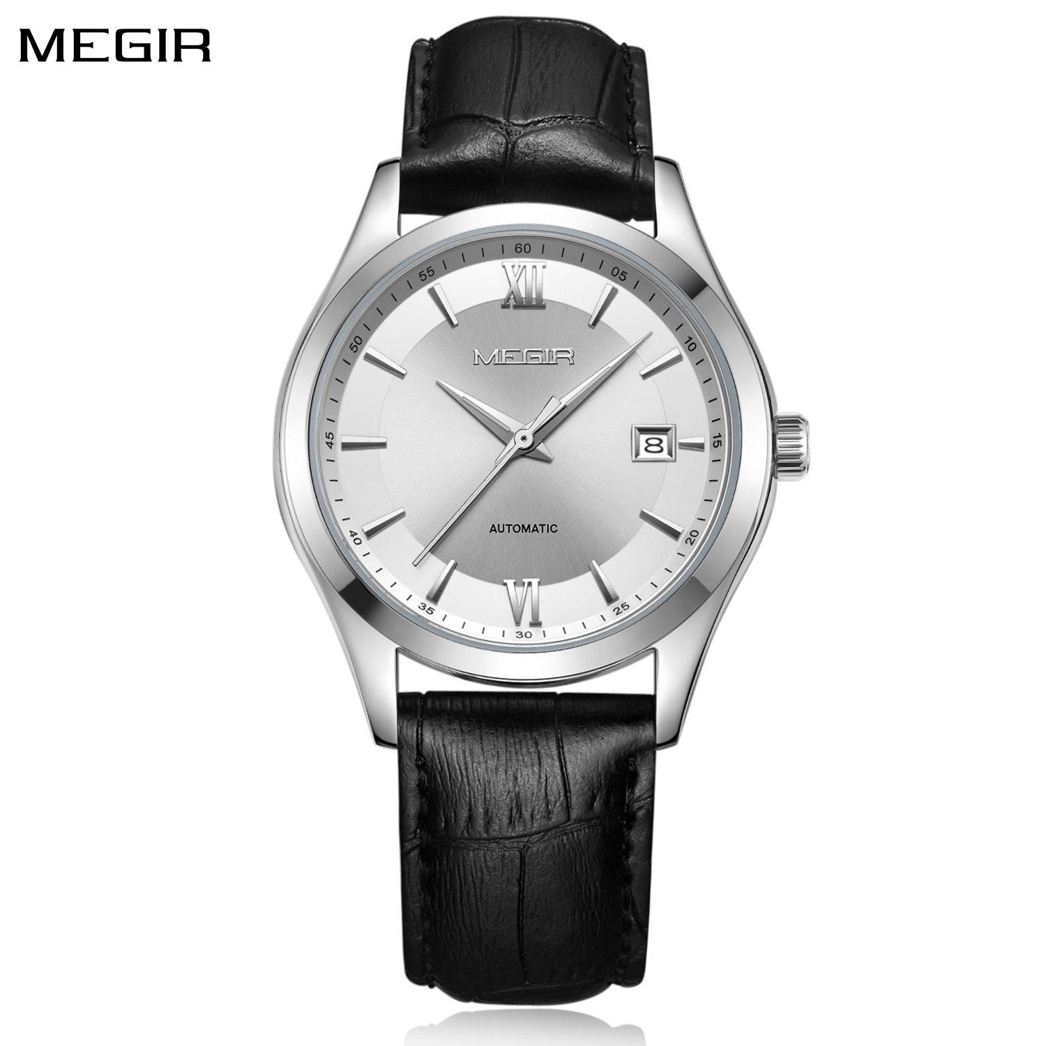 MEGIR 62063 men's automatic watch, silver case, silver-white dial with date and black leather strap, front view