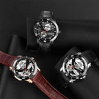 MEGIR 62069 men's automatic watch in three colorways, black, rose-gold with brown strap and silver with black strap