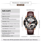 MEGIR 62069 men's automatic watch parameters graphic with case diameter, thickness and band dimensions
