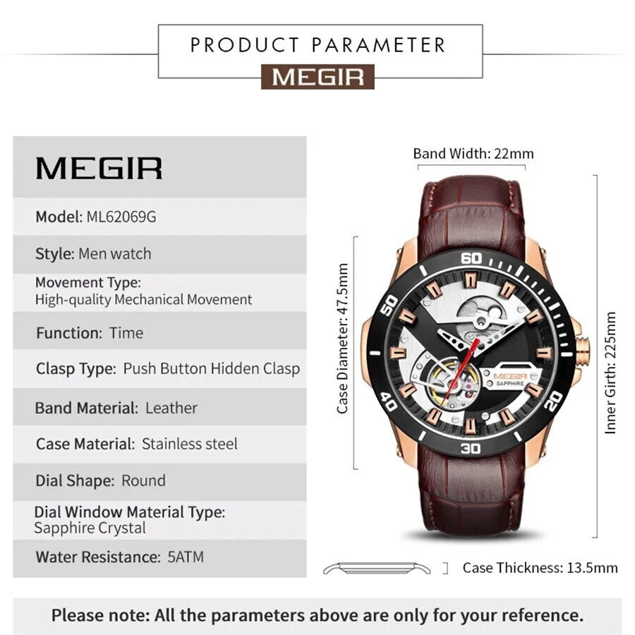 MEGIR 62069 men's automatic watch parameters graphic with case diameter, thickness and band dimensions
