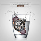 MEGIR 62069 men's automatic watch water-resistance feature graphic, rose-gold case with brown leather strap
