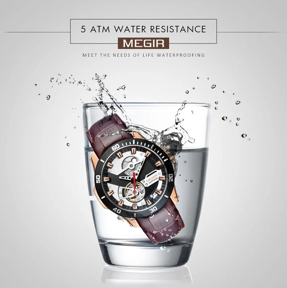 MEGIR 62069 men's automatic watch water-resistance feature graphic, rose-gold case with brown leather strap