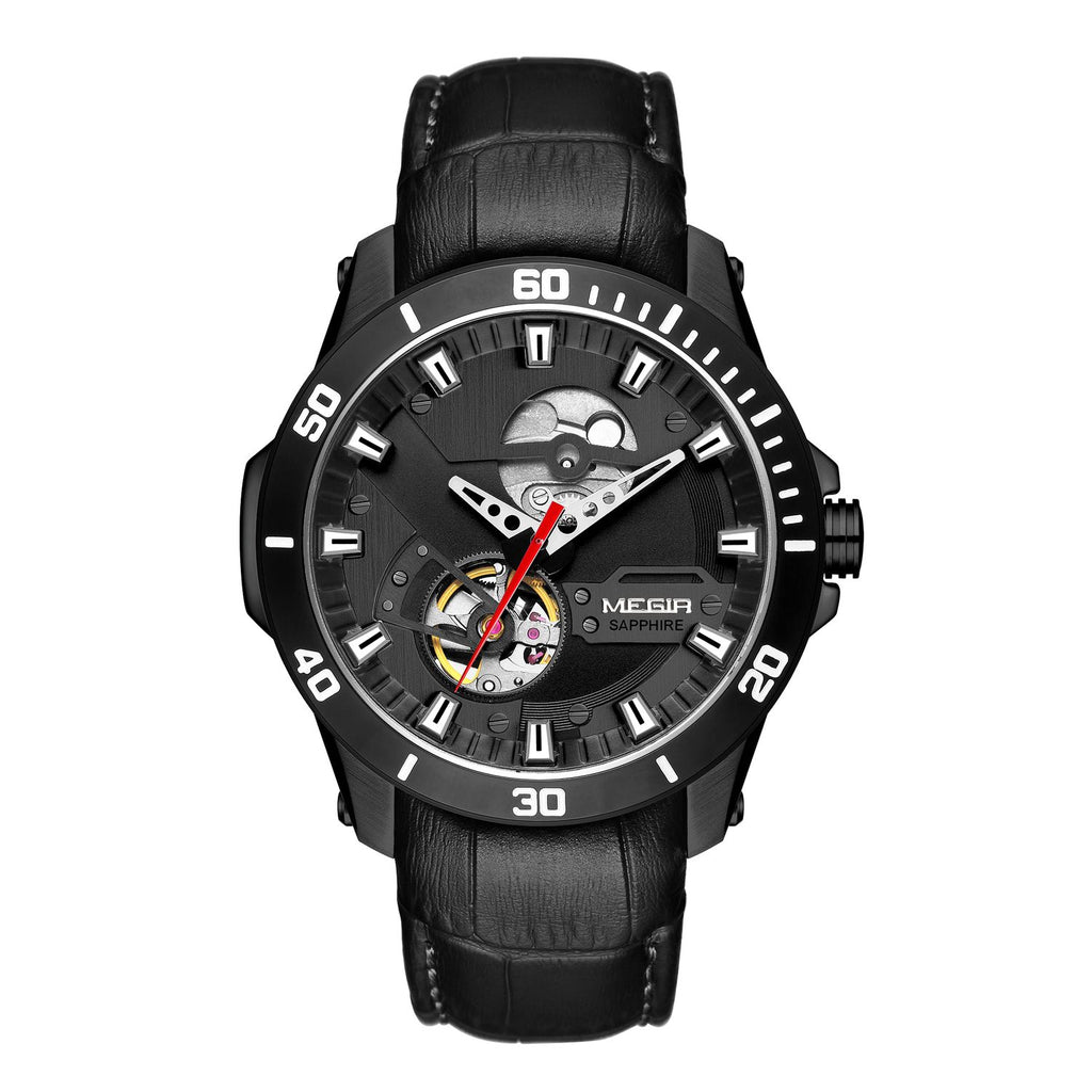 MEGIR 62069 men's automatic watch, black case, black skeleton dial and black leather strap, front view