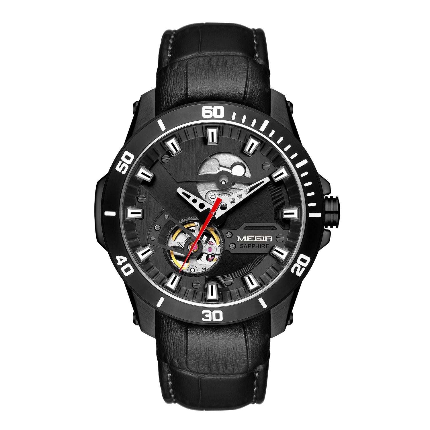 MEGIR 62069 men's automatic watch, black case, black skeleton dial and black leather strap, front view