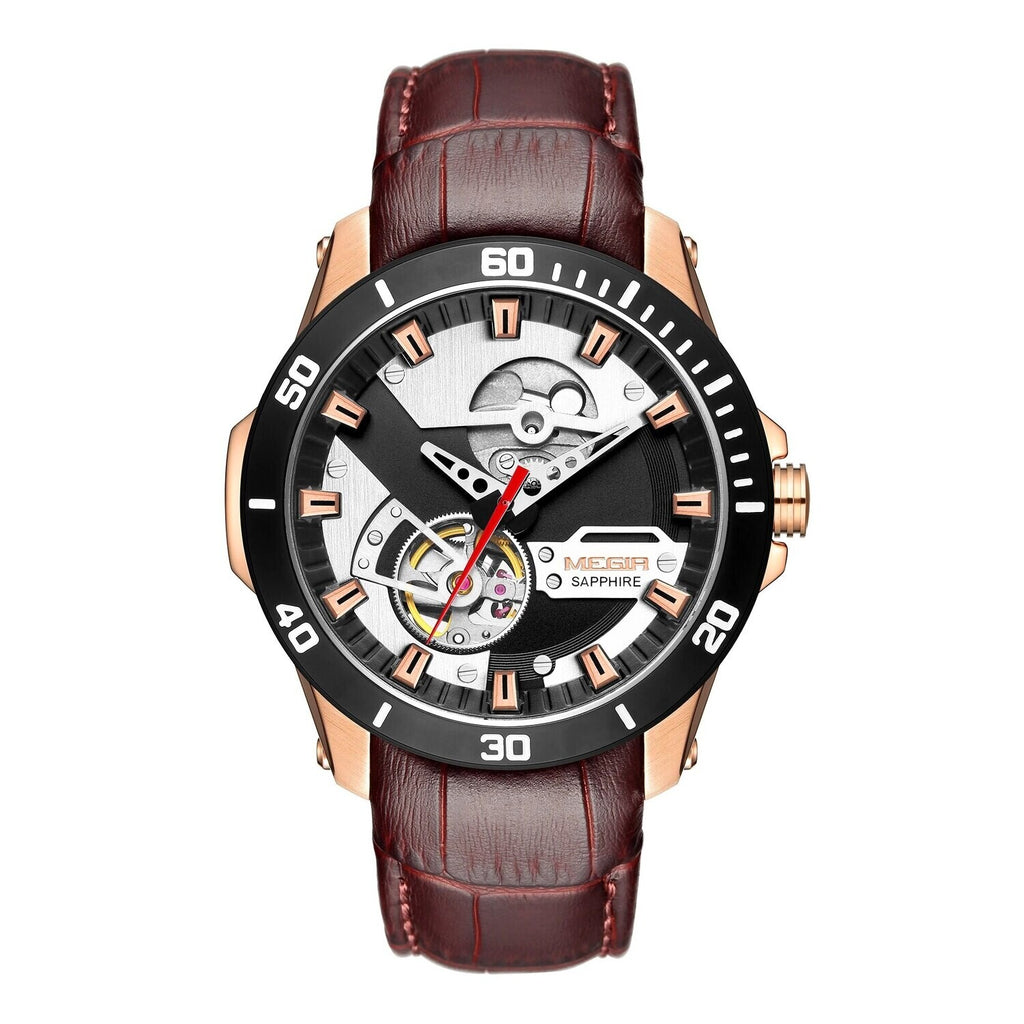 MEGIR 62069 men's automatic watch, rose-gold case, black skeleton dial and brown leather strap, front view