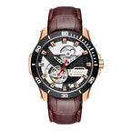 MEGIR 62069 men's automatic watch, rose-gold case, black skeleton dial and brown leather strap, front view