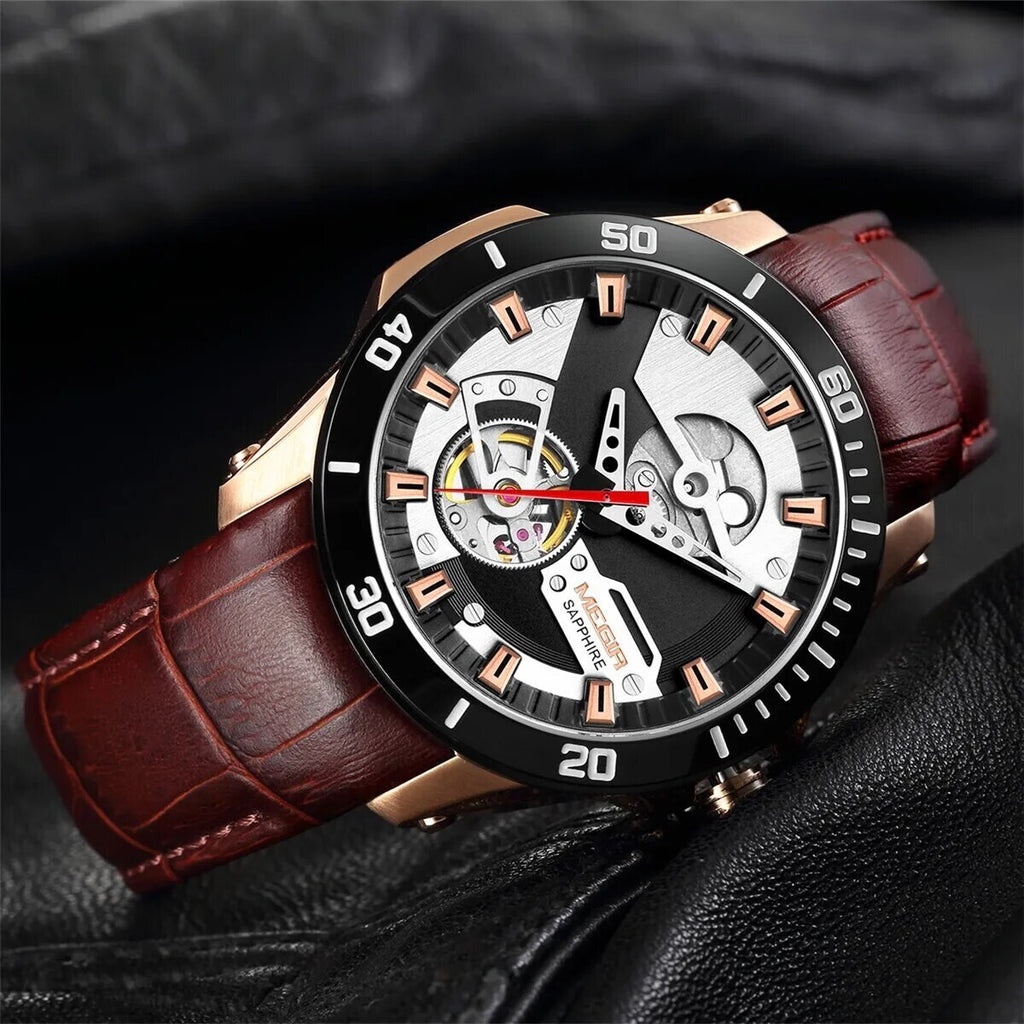 MEGIR 62069 men's automatic watch, rose-gold case, black skeleton dial and brown leather strap, angled view